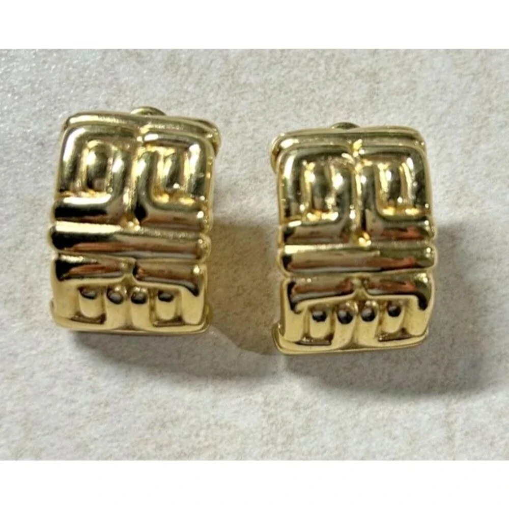 Vintage 1980's Givenchy Gold Tone Geometric Motif Half-Hoop Pierced Earrings
